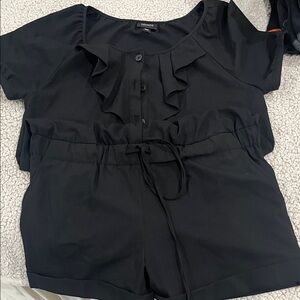 Nicole Miller Black Ruffle Button-Front Romper